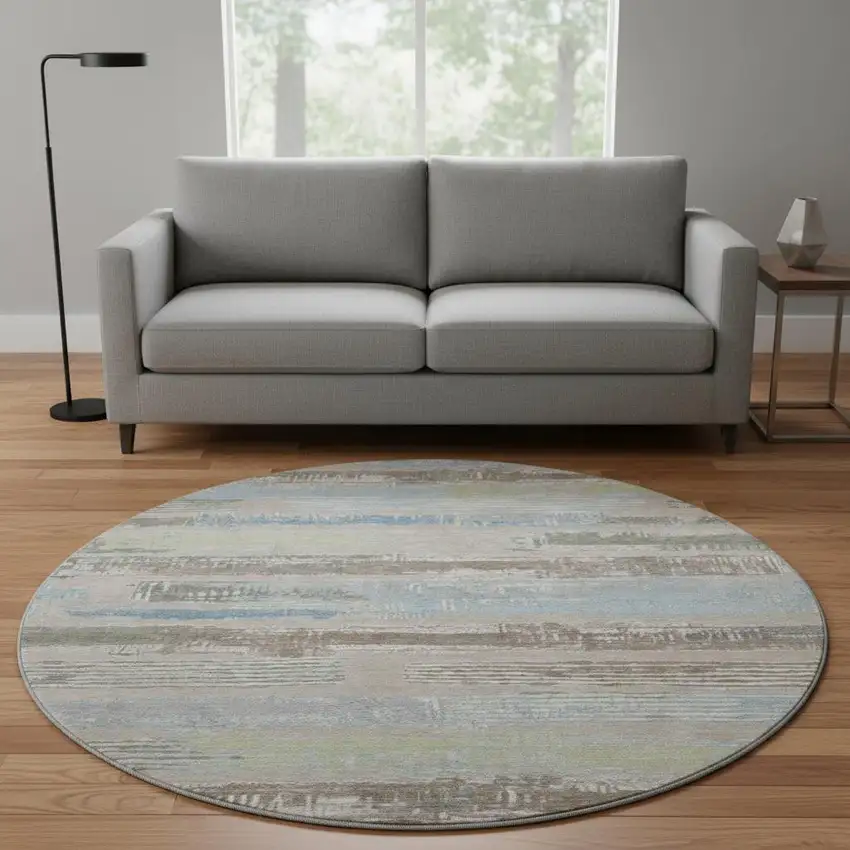 8' Taupe Blue And Green Striped Washable Round Rug With UV Protection Photo 2