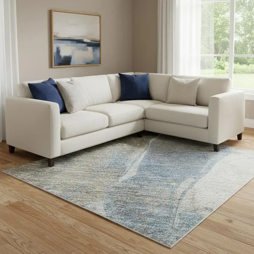 8' Taupe Blue And Ivory Abstract Washable Area Rug With UV Protection Photo 2