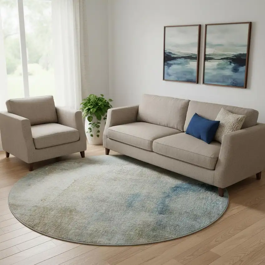 8' Taupe Blue And Ivory Abstract Washable Round Rug With UV Protection Photo 1