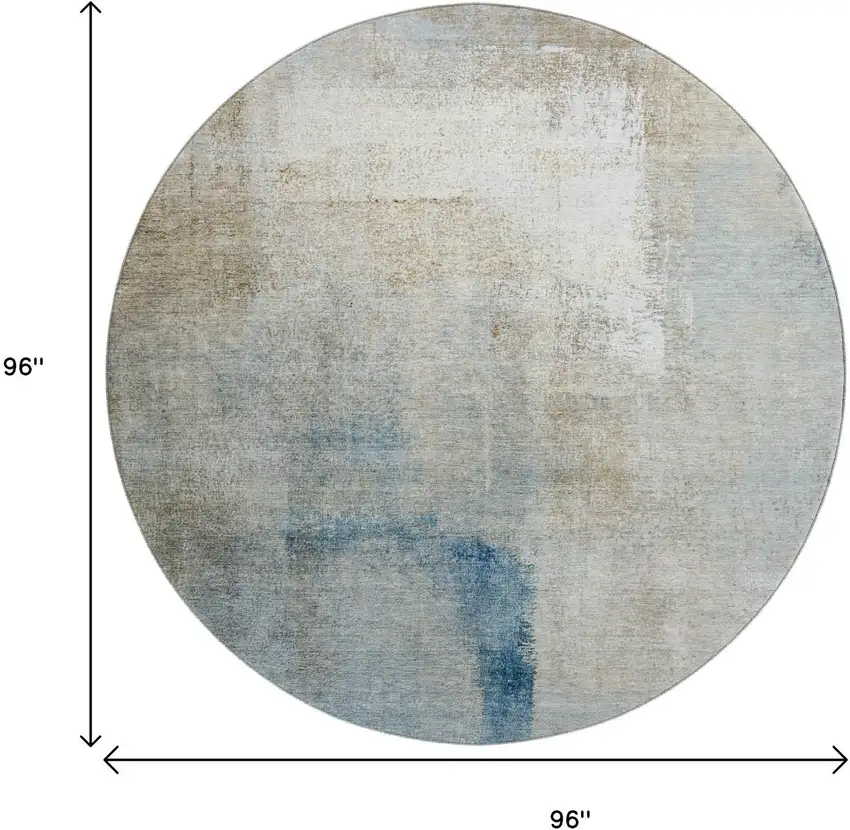 8' Taupe Blue And Ivory Abstract Washable Round Rug With UV Protection Photo 9