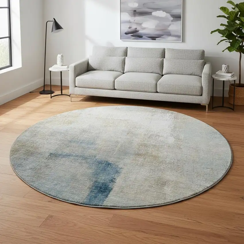8' Taupe Blue And Ivory Abstract Washable Round Rug With UV Protection Photo 2