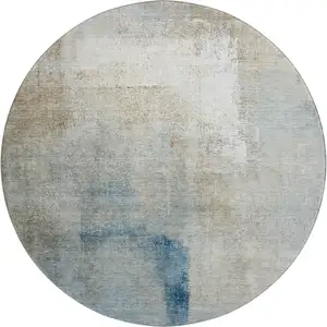 Photo of 8' Taupe Blue And Ivory Abstract Washable Round Rug With UV Protection