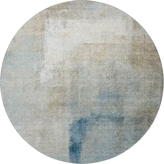 8' Taupe Blue And Ivory Abstract Washable Round Rug With UV Protection Photo 3