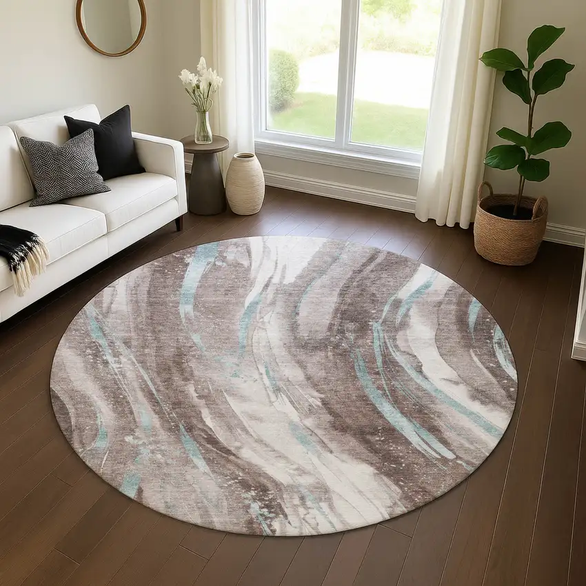 8' Taupe Blue And Ivory Abstract Washable Round Rug With UV Protection Photo 4