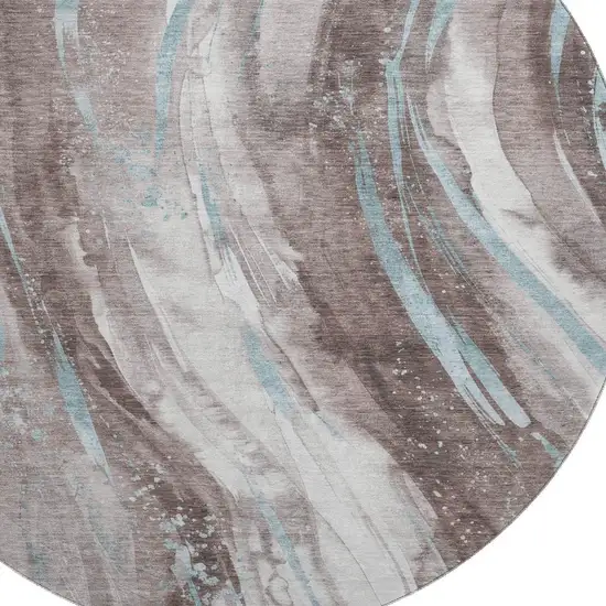 8' Taupe Blue And Ivory Abstract Washable Round Rug With UV Protection Photo 2