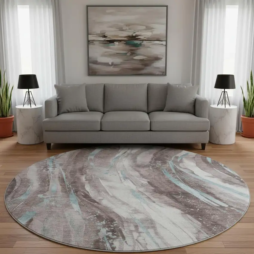 8' Taupe Blue And Ivory Abstract Washable Round Rug With UV Protection Photo 2