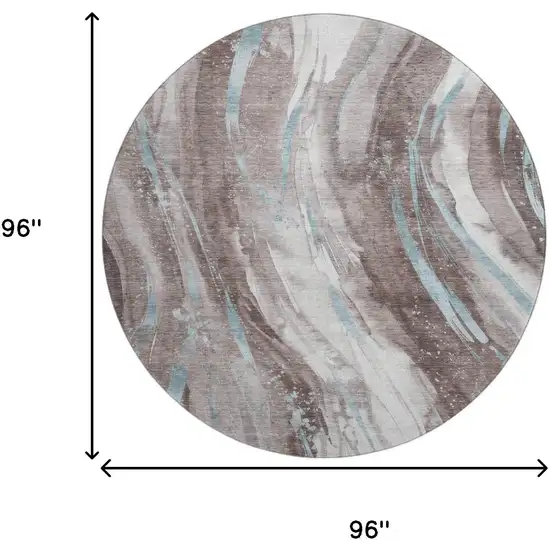 8' Taupe Blue And Ivory Abstract Washable Round Rug With UV Protection Photo 9