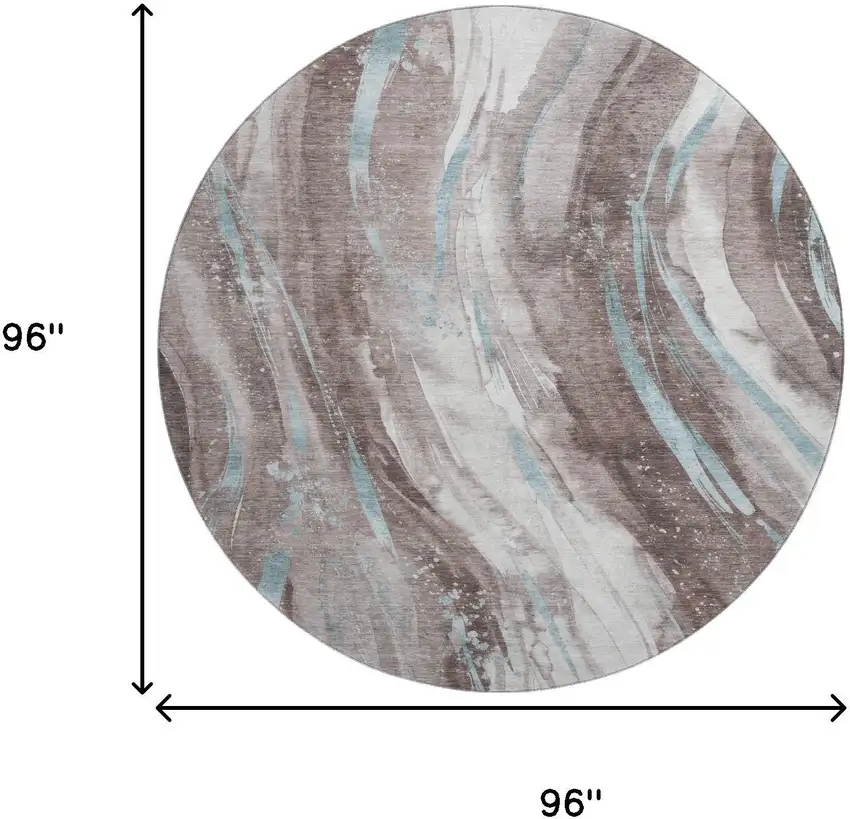 8' Taupe Blue And Ivory Abstract Washable Round Rug With UV Protection Photo 9