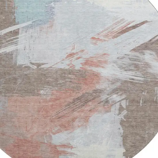 8' Taupe Blue And Ivory Abstract Washable Round Rug With UV Protection Photo 2