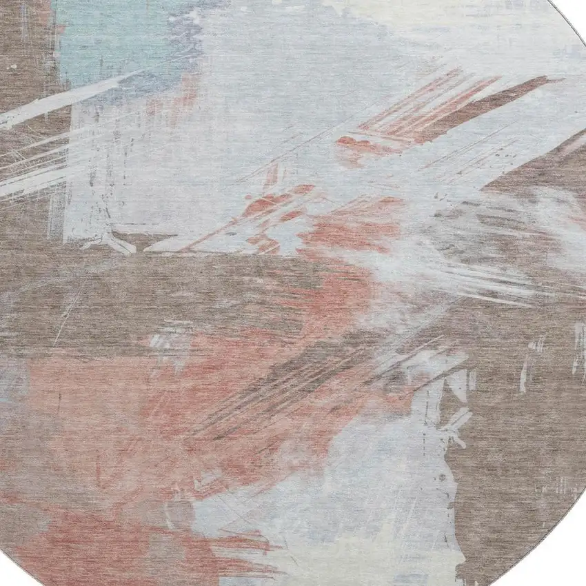 8' Taupe Blue And Ivory Abstract Washable Round Rug With UV Protection Photo 2