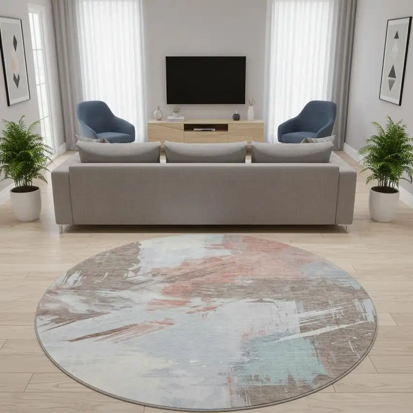 8' Taupe Blue And Ivory Abstract Washable Round Rug With UV Protection Photo 2