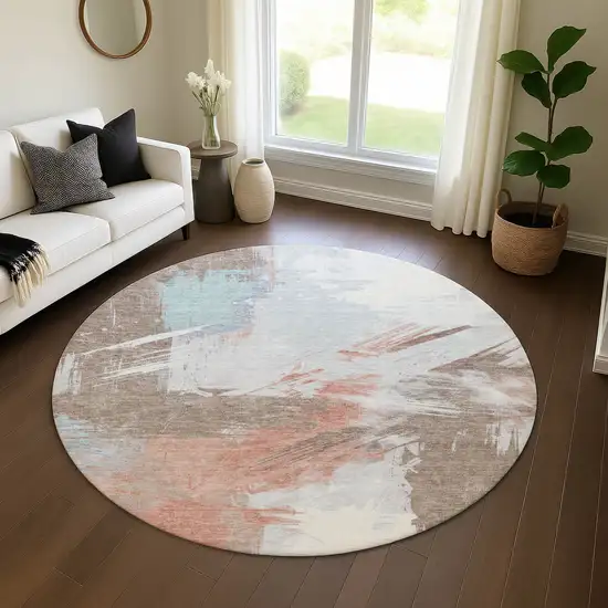 8' Taupe Blue And Ivory Abstract Washable Round Rug With UV Protection Photo 4