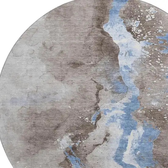 8' Taupe Blue And Ivory Abstract Washable Round Rug With UV Protection Photo 2