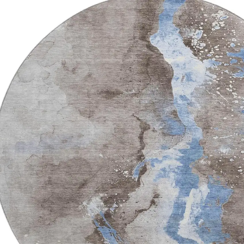 8' Taupe Blue And Ivory Abstract Washable Round Rug With UV Protection Photo 2