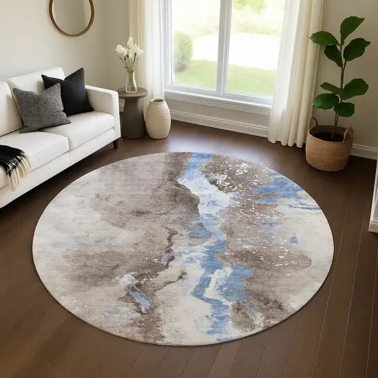 8' Taupe Blue And Ivory Abstract Washable Round Rug With UV Protection Photo 4