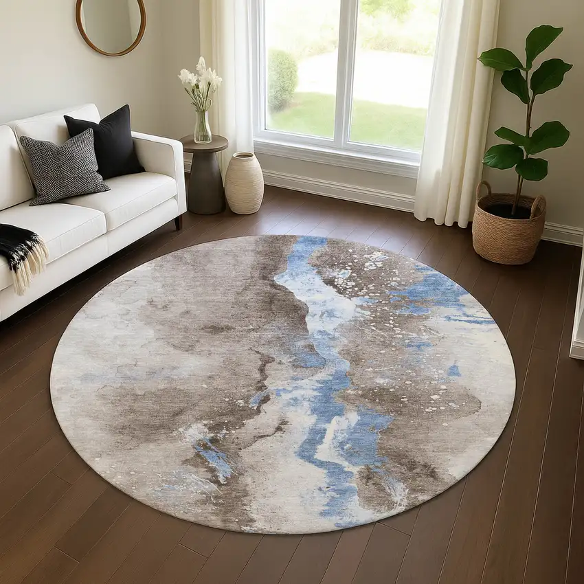 8' Taupe Blue And Ivory Abstract Washable Round Rug With UV Protection Photo 4