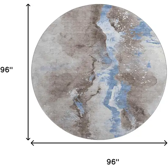 8' Taupe Blue And Ivory Abstract Washable Round Rug With UV Protection Photo 9