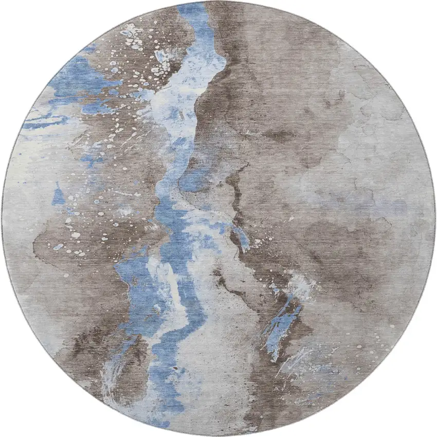 8' Taupe Blue And Ivory Abstract Washable Round Rug With UV Protection Photo 3