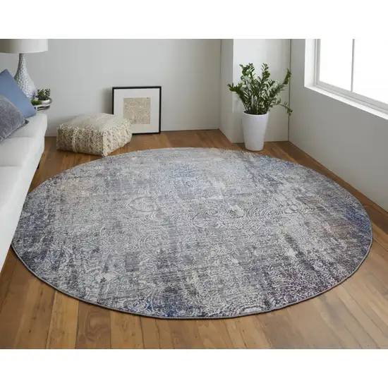 8' Taupe Blue And Ivory Round Abstract Power Loom Distressed Stain Resistant Area Rug Photo 3