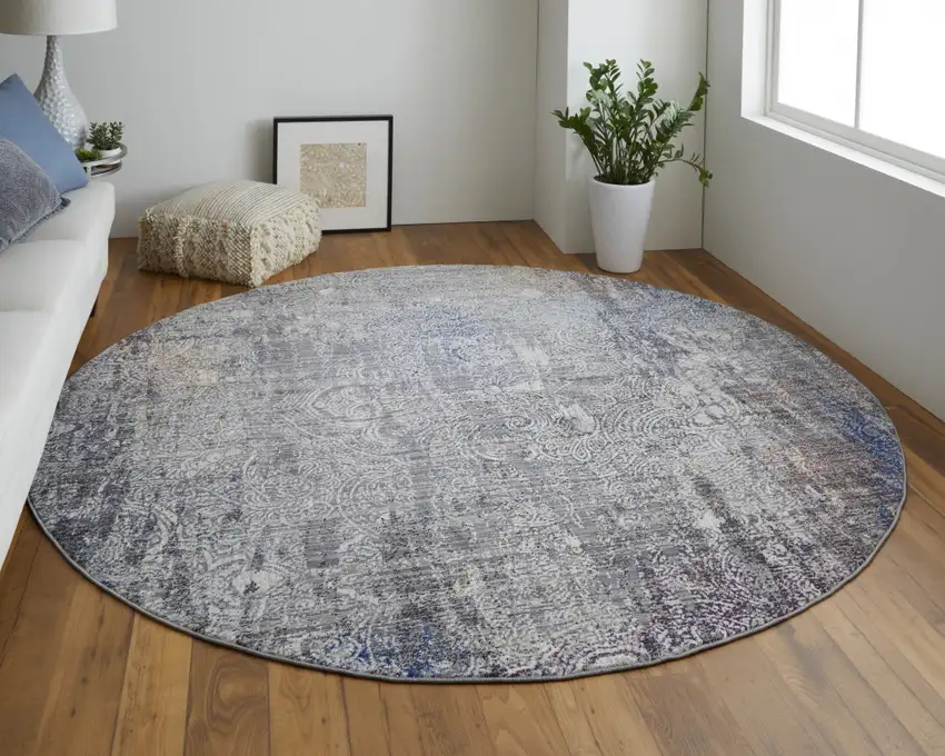 8' Taupe Blue And Ivory Round Abstract Power Loom Distressed Stain Resistant Area Rug Photo 3