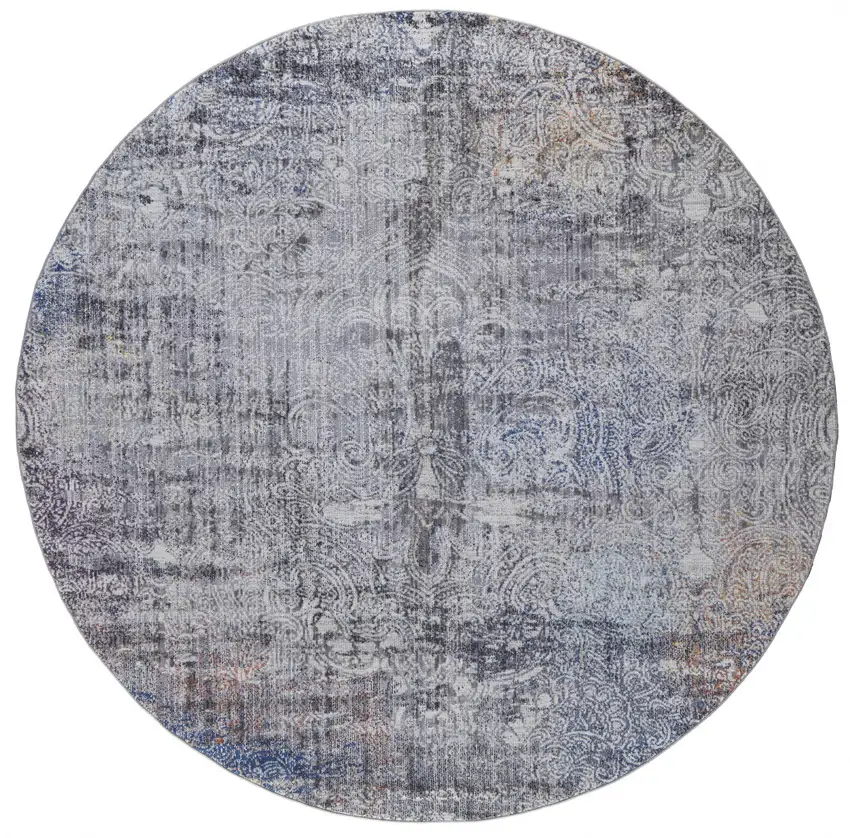 8' Taupe Blue And Ivory Round Abstract Power Loom Distressed Stain Resistant Area Rug Photo 1