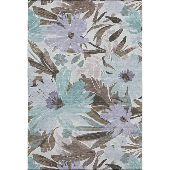 8' Taupe Blue And Lavender Floral Washable Area Rug With UV Protection Photo 1