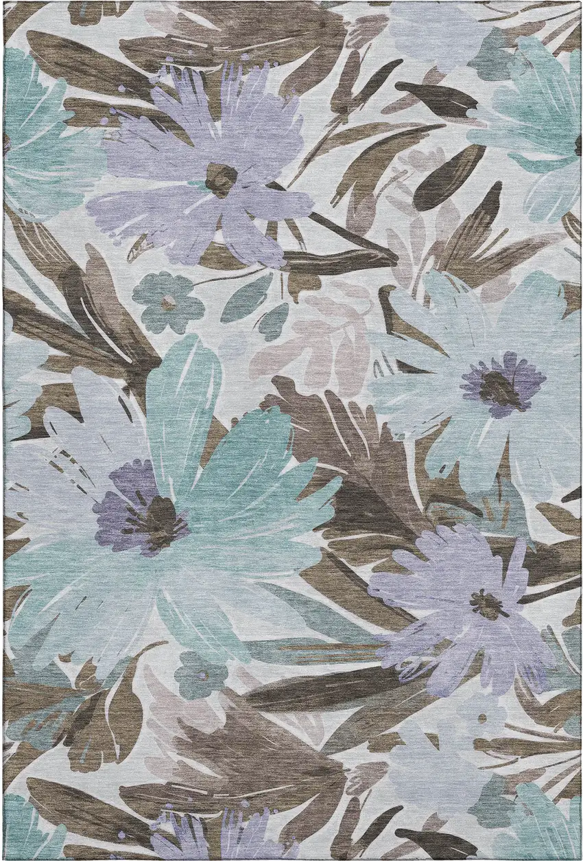 8' Taupe Blue And Lavender Floral Washable Area Rug With UV Protection Photo 1
