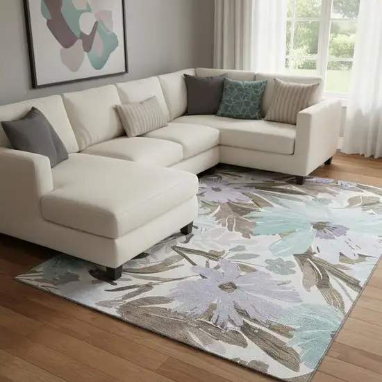 8' Taupe Blue And Lavender Floral Washable Area Rug With UV Protection Photo 2