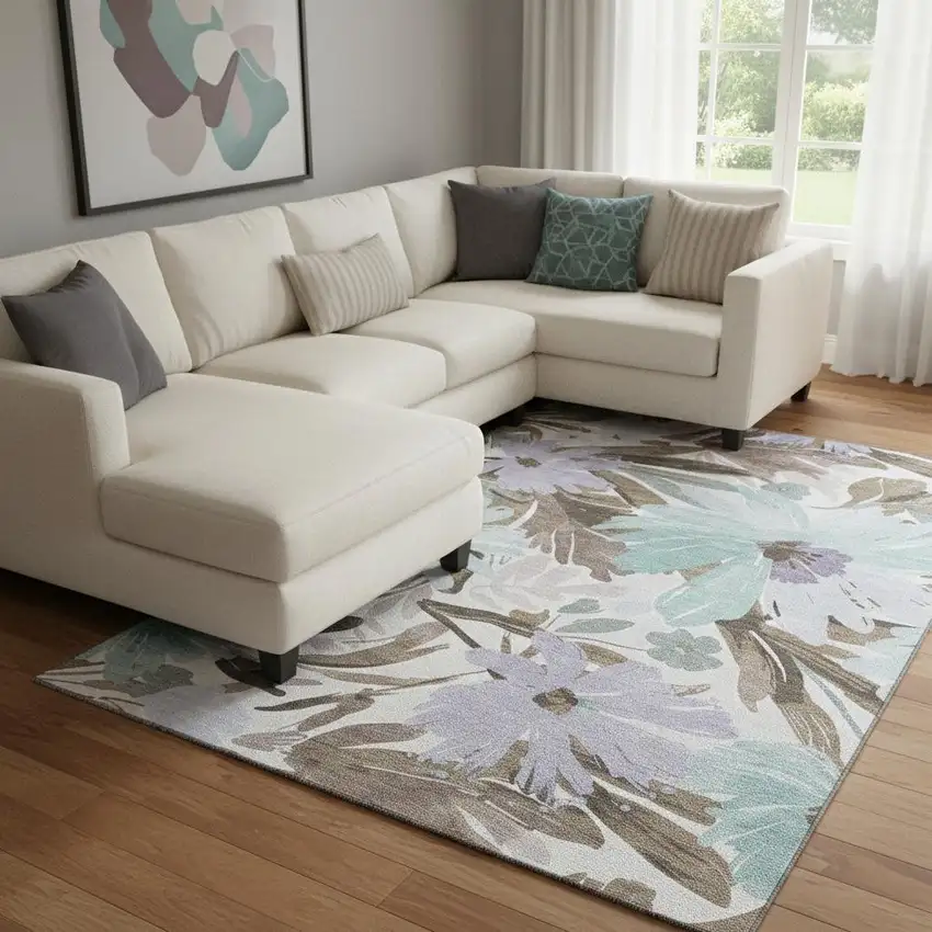 8' Taupe Blue And Lavender Floral Washable Area Rug With UV Protection Photo 2