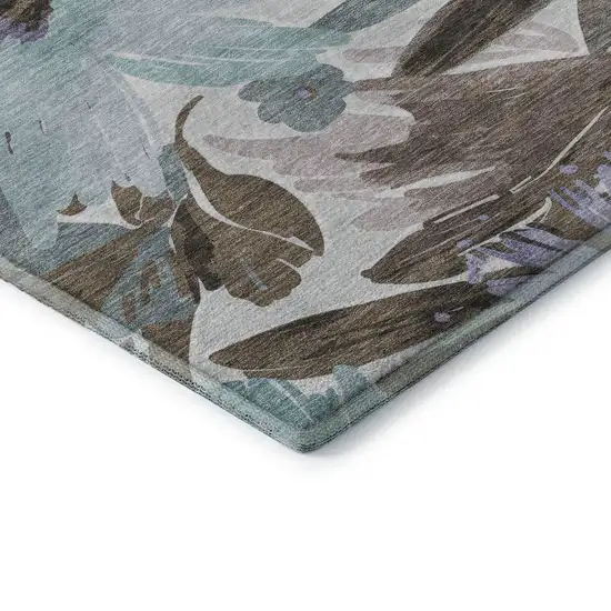 8' Taupe Blue And Lavender Floral Washable Area Rug With UV Protection Photo 7