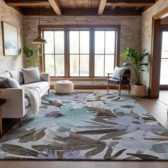 8' Taupe Blue And Lavender Floral Washable Area Rug With UV Protection Photo 5