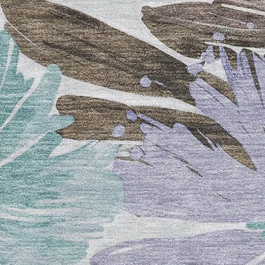 8' Taupe Blue And Lavender Floral Washable Area Rug With UV Protection Photo 2