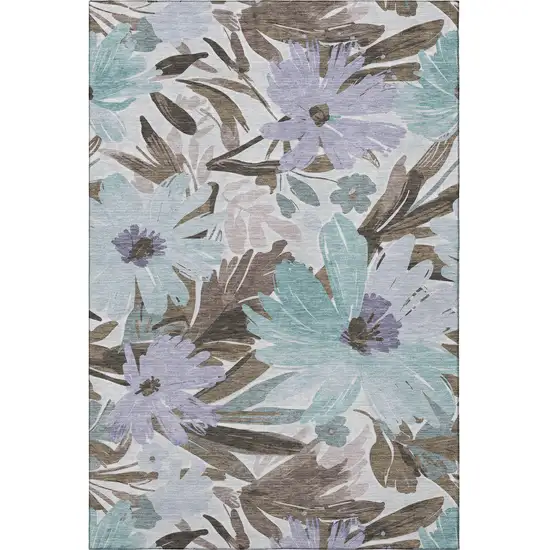 8' Taupe Blue And Lavender Floral Washable Area Rug With UV Protection Photo 3