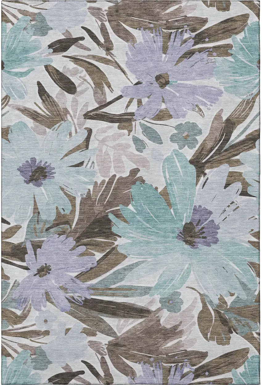 8' Taupe Blue And Lavender Floral Washable Area Rug With UV Protection Photo 3