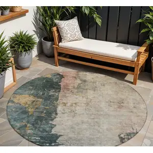 Photo of 8' Taupe Blue And Lavender Round Abstract Washable Indoor Outdoor Area Rug