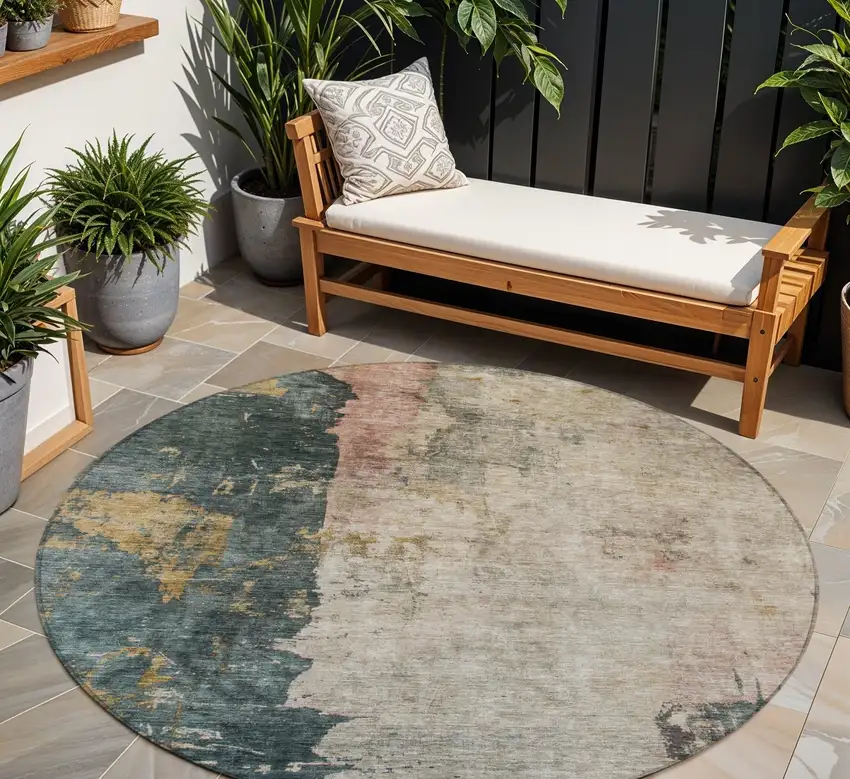 8' Taupe Blue And Lavender Round Abstract Washable Indoor Outdoor Area Rug Photo 1