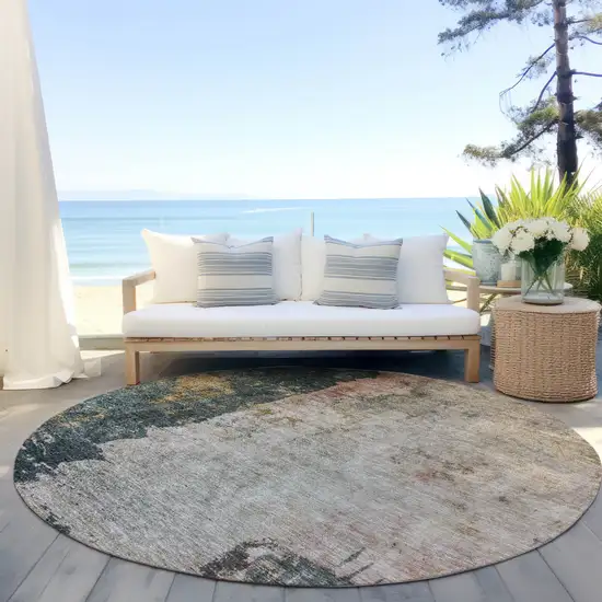 8' Taupe Blue And Lavender Round Abstract Washable Indoor Outdoor Area Rug Photo 6