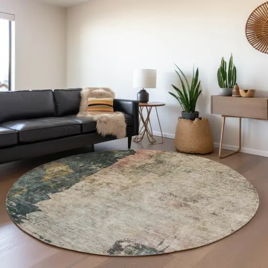 8' Taupe Blue And Lavender Round Abstract Washable Indoor Outdoor Area Rug Photo 7