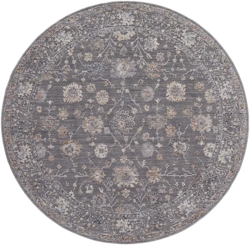 6' Taupe Blue And Orange Round Floral Power Loom Area Rug Photo 1