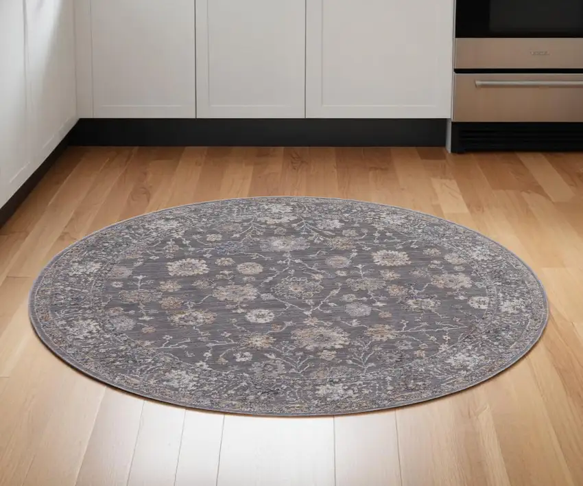 6' Blue and Orange Round Floral Power Loom Area Rug Photo 1