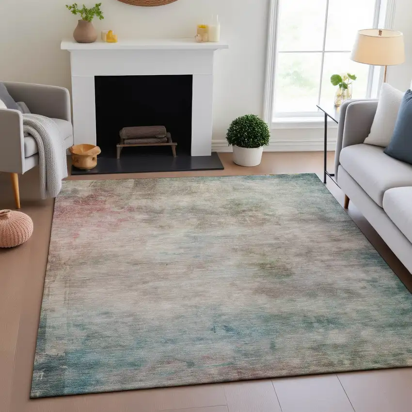 8' Taupe Blush And Teal Abstract Washable Area Rug With UV Protection Photo 4