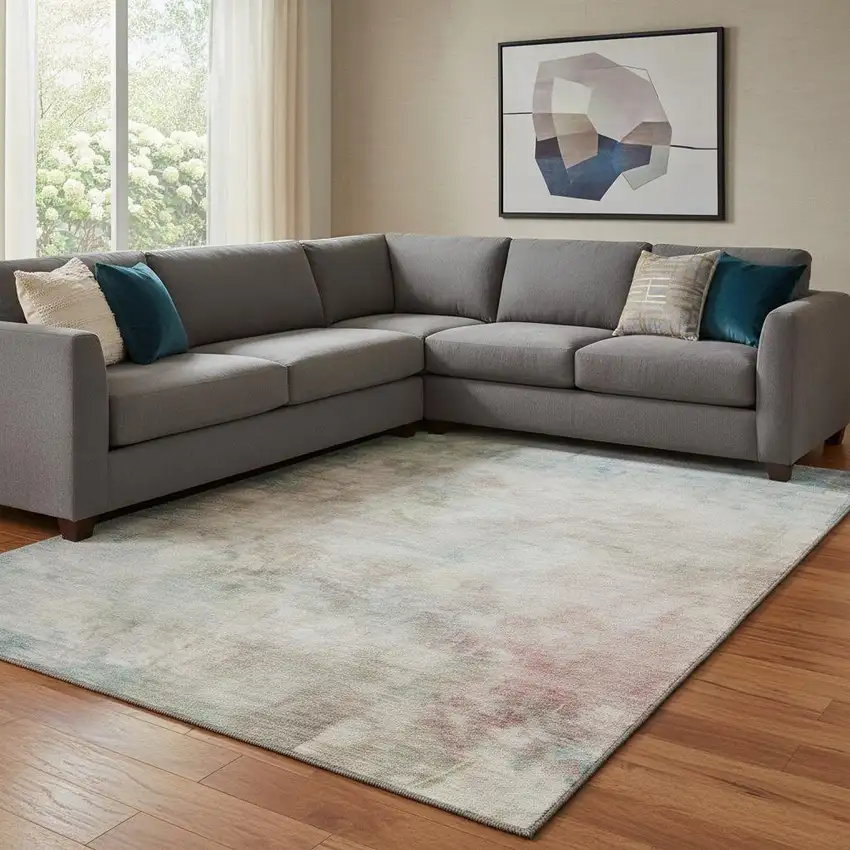 8' Taupe Blush And Teal Abstract Washable Area Rug With UV Protection Photo 2