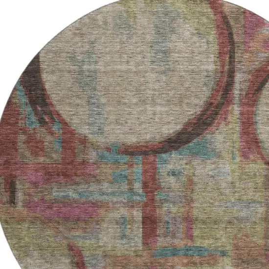 8' Taupe Blush And Teal Geometric Washable Round Rug With UV Protection Photo 3