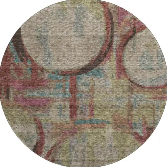 8' Taupe Blush And Teal Geometric Washable Round Rug With UV Protection Photo 4