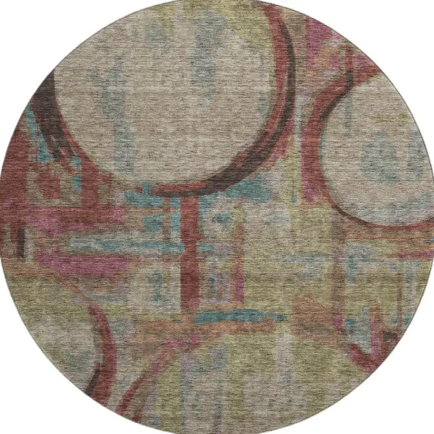 8' Taupe Blush And Teal Geometric Washable Round Rug With UV Protection Photo 4