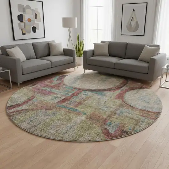 8' Taupe Blush And Teal Geometric Washable Round Rug With UV Protection Photo 2