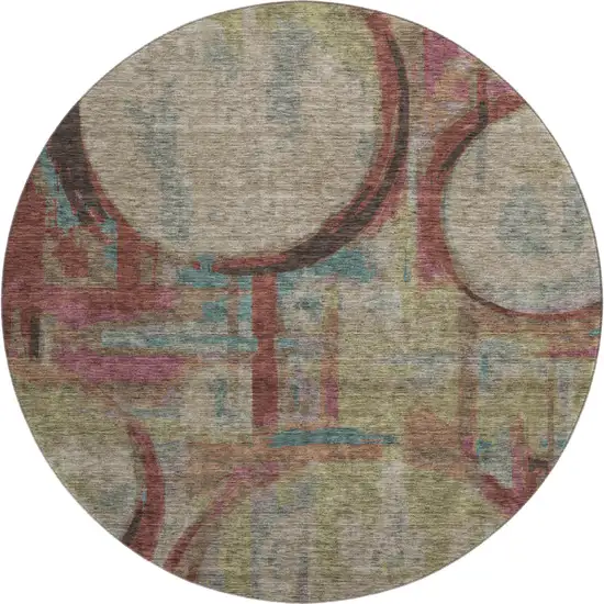 8' Taupe Blush And Teal Geometric Washable Round Rug With UV Protection Photo 1