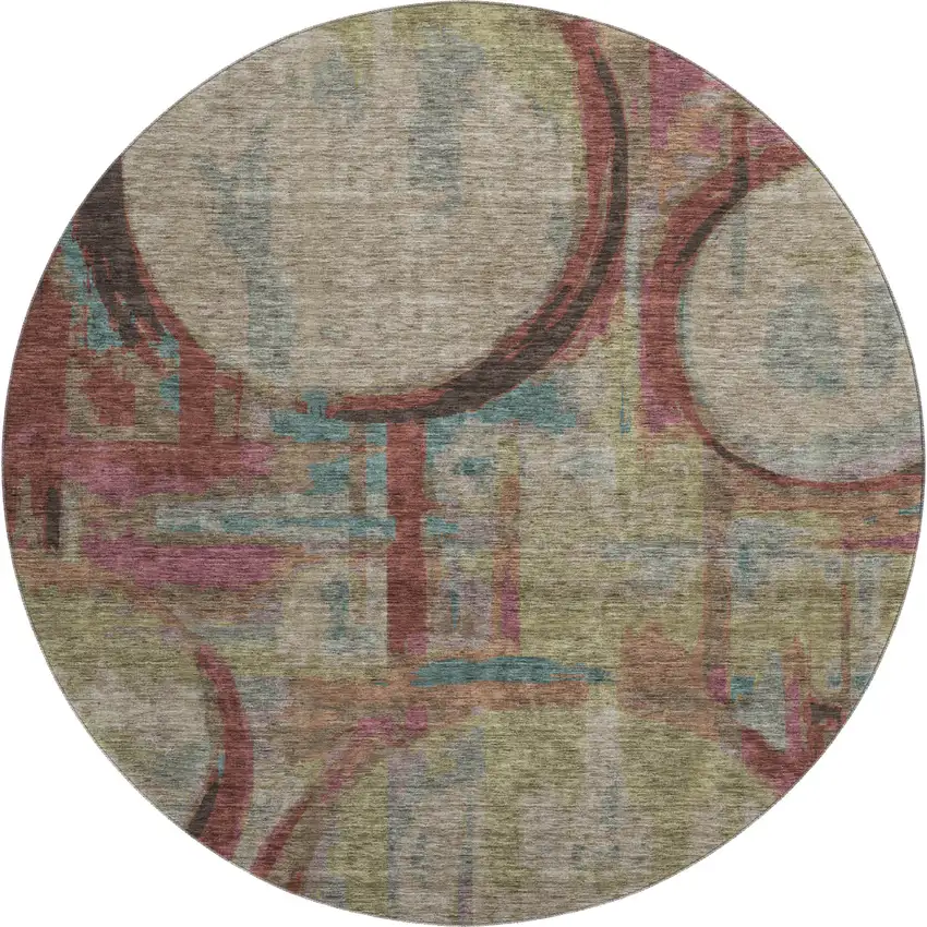 8' Taupe Blush And Teal Geometric Washable Round Rug With UV Protection Photo 1