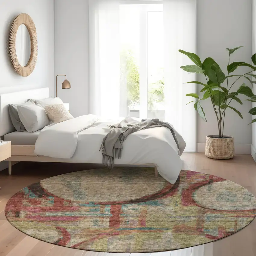 8' Taupe Blush And Teal Geometric Washable Round Rug With UV Protection Photo 5