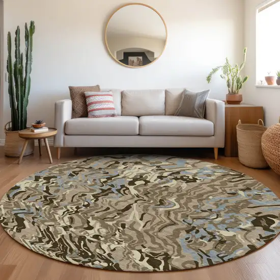 8' Taupe Brown And Beige Round Abstract Washable Indoor Outdoor Area Rug Photo 7